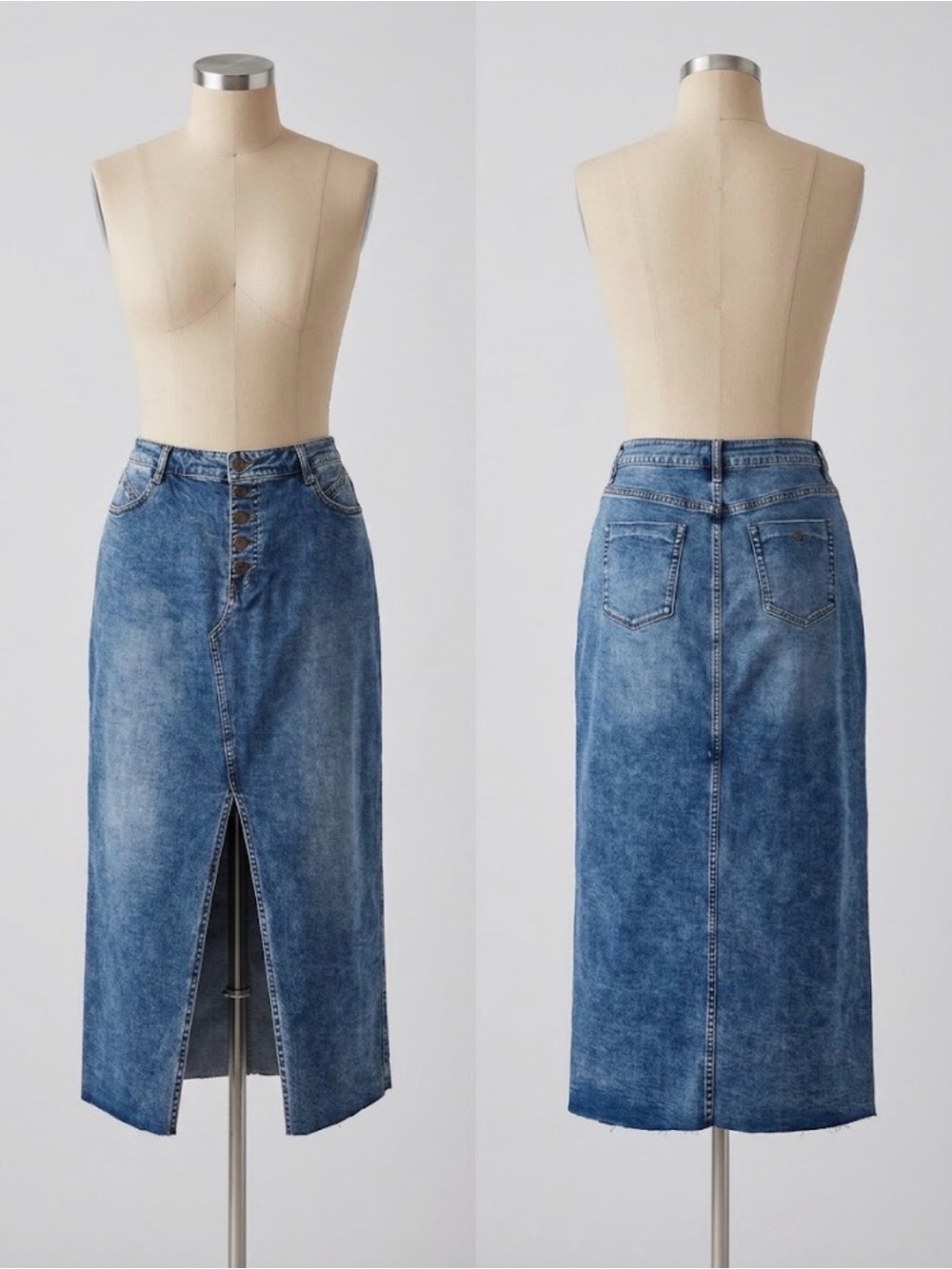 Wash Lab Denim Nordstrom Y2K High Waist Front Slit MIDI Skirt Raw Hem Size 18